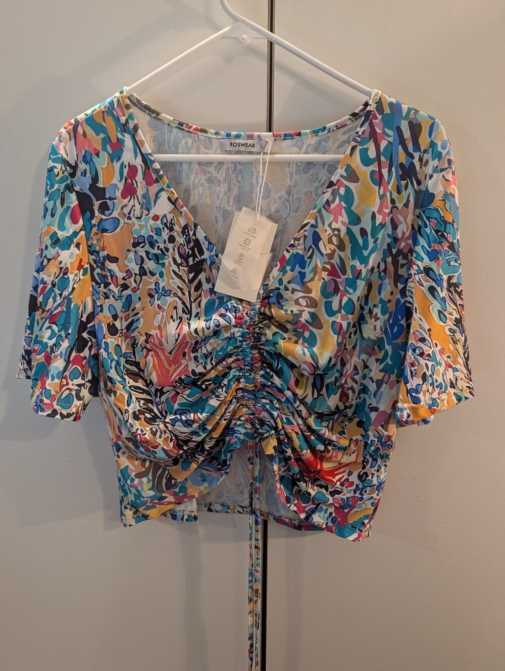 Roswear Large Multicolor V-Neck Ruched Front Women’s Top NWT